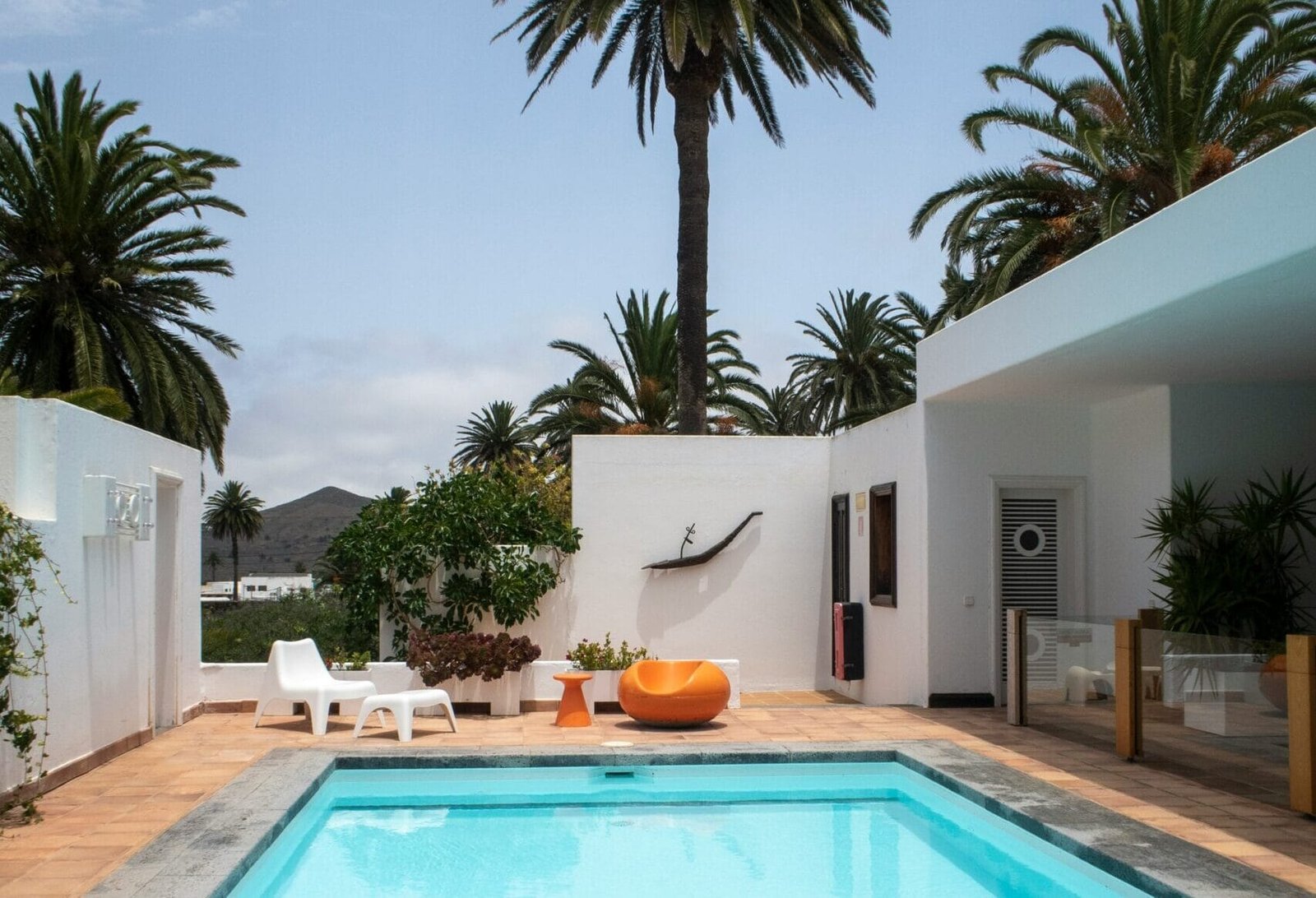 a swimming pool with palm trees