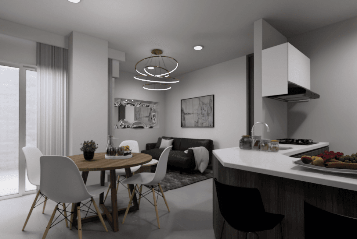 render de sala y cocina para edificio de apartamentos en venta barranquilla QUINCY 45