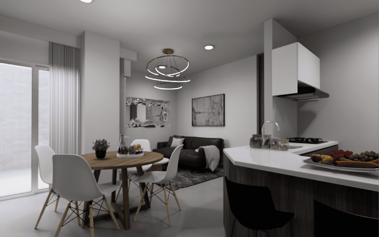 render de sala y cocina para edificio de apartamentos en venta barranquilla QUINCY 45